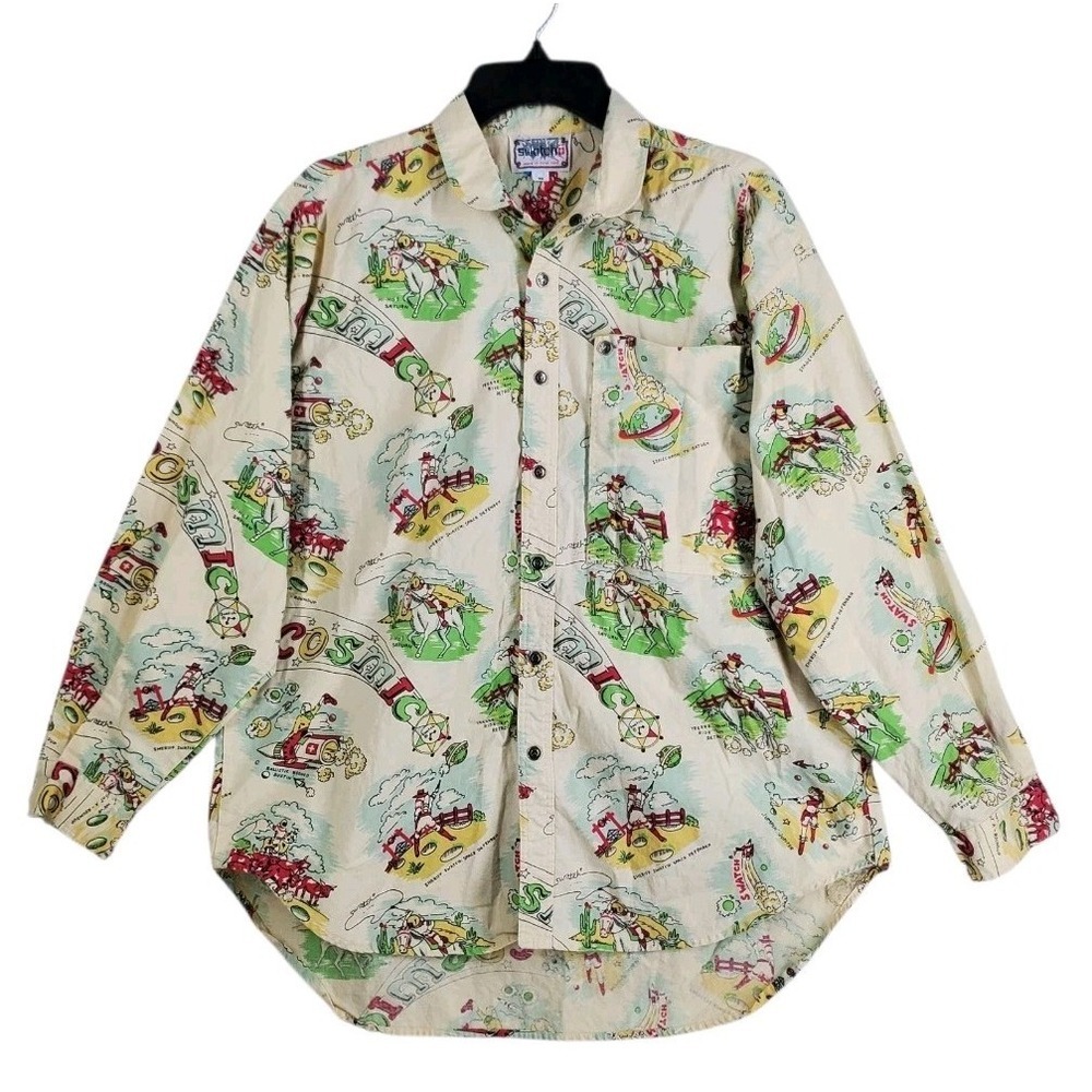 Vtg 80s Swatch Shirt Men XL Colorful Cosmic Cartoon AOP Graphic Snap Button RARE
